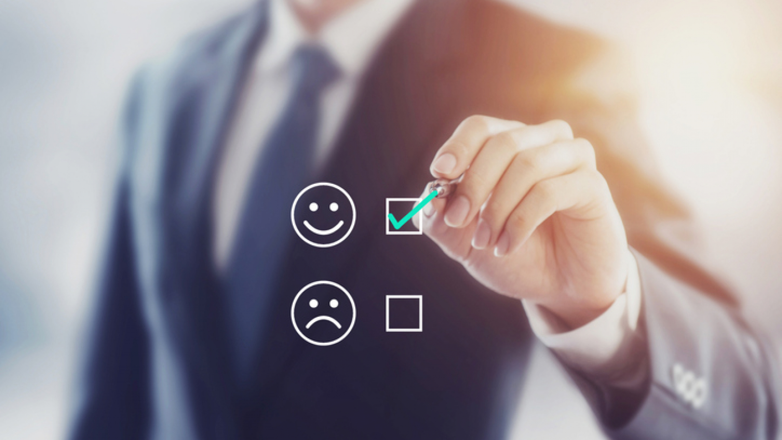 Businessman giving rating with happy icon, Customer satisfaction survey concept