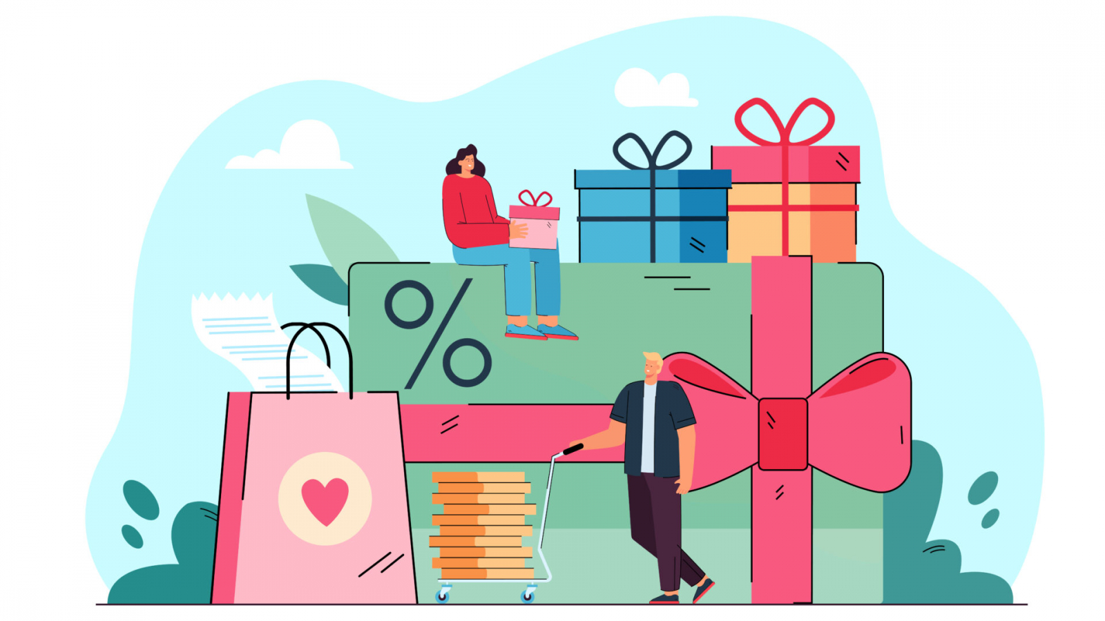 Tiny people with promotion gifts and card isolated flat vector illustration. Cartoon characters getting reward or bonus from store. Loyalty program and business solution concept