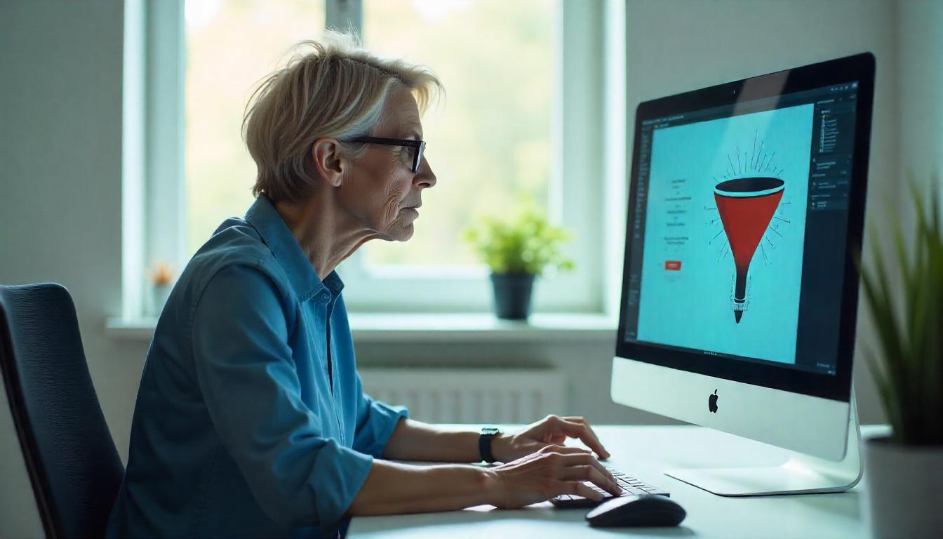 Una mujer viendo la representación visual de un embudo de conversión y el porcentaje de leads que se pierden en cada etapa.