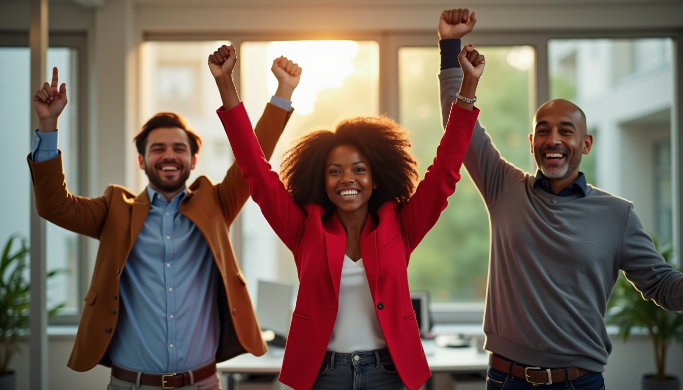 empleados felices celebrando el éxito en equipo. Tema:El valor del compromiso laboral
