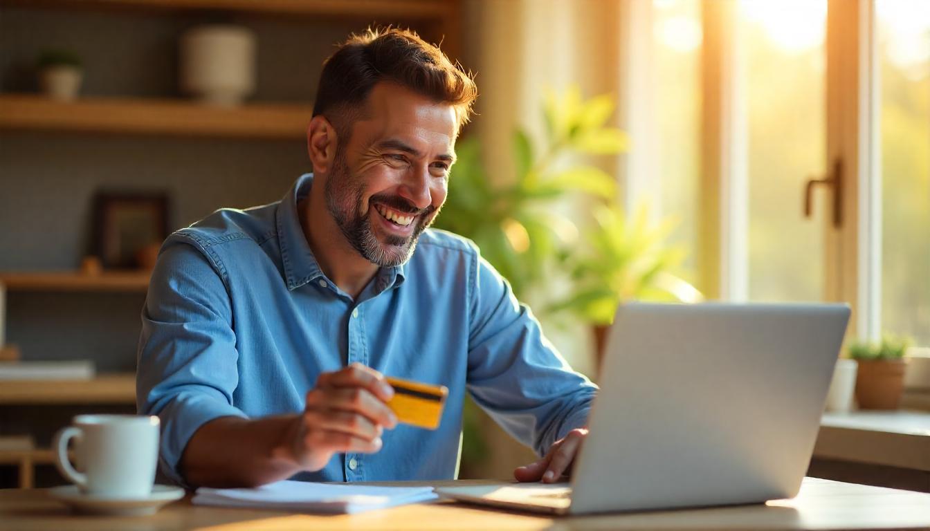 una persona feliz utilizando una tarjeta de crédito en un ambiente moderno. Tema:Tarjetas de crédito y lealtad: Cómo atraer y fidelizar clientes