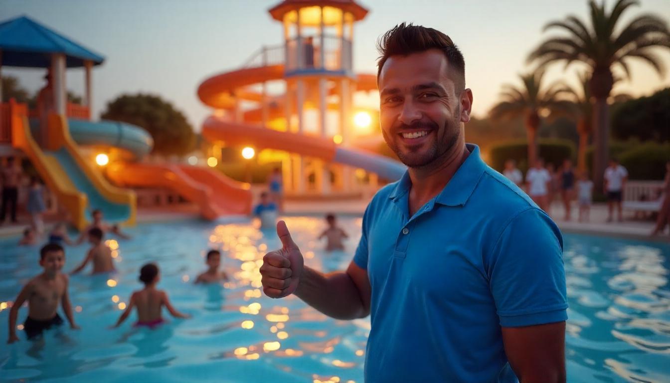 Familias disfrutando en un parque acuático. Tema: