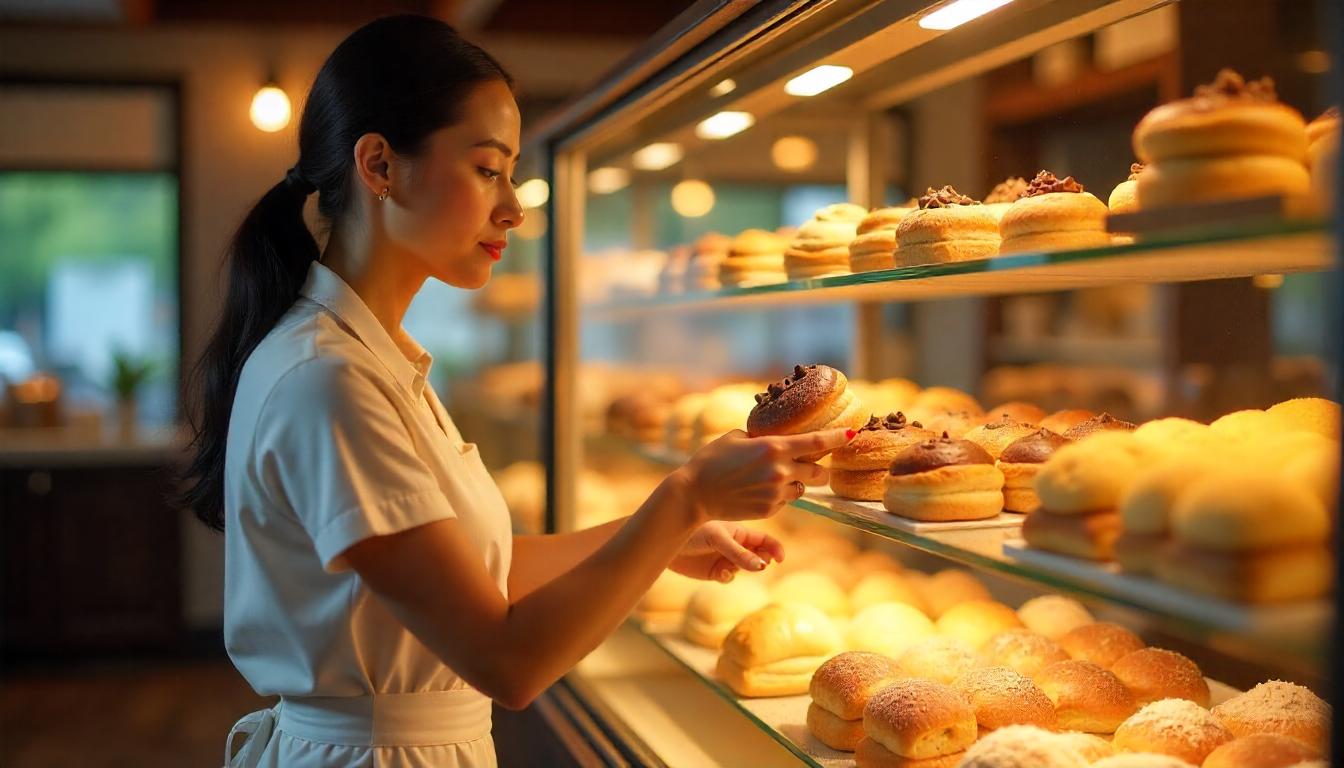 una vitrina con variedad de panes y postres. Tema:Cómo fidelizar clientes en panaderías: Estrategias de lealtad que funcionan.