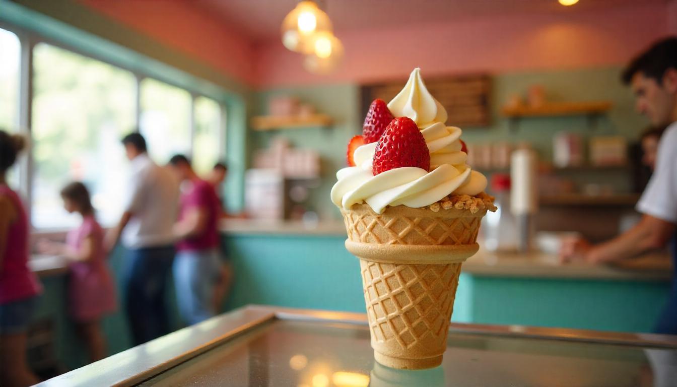 un cono de helado con toppings apetitosos. Tema:Diseña un programa de recompensas para heladerías: Fideliza con sabor