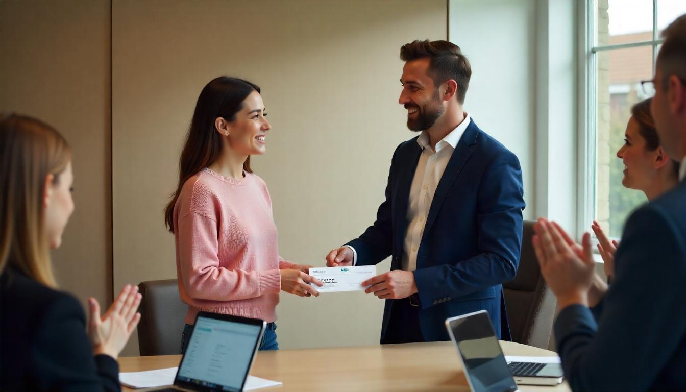 un grupo de empleados recibiendo vales de despensa como premio. Tema:Vales de despensa: Recompensa práctica y valiosa