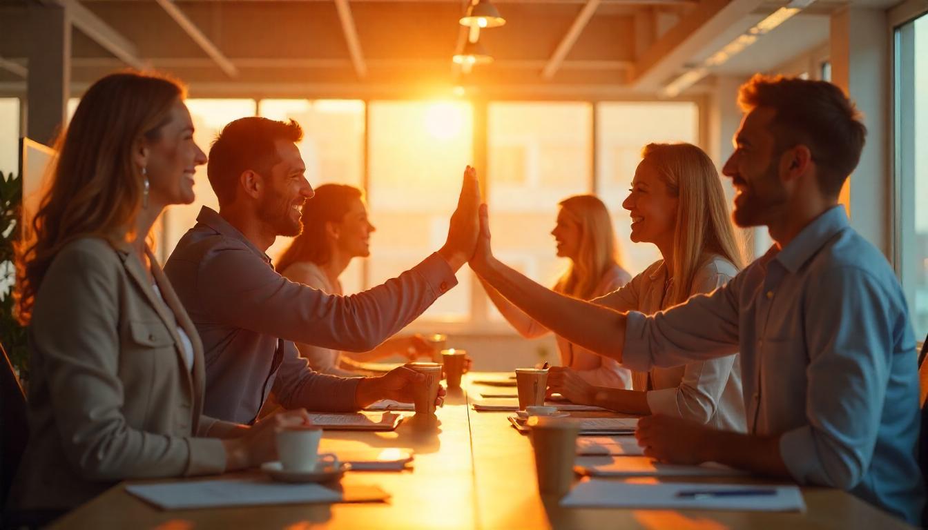 Varios colaboradores motivados en una oficina. Tema:Vales de despensa: Recompensa práctica y valiosa