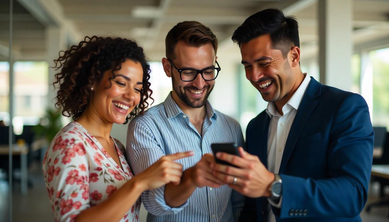 3 colaboradores en una oficina viendo su telefono y apuntandose con el dedo entre ellos emocionados. tema:Vales de despensa: Recompensa práctica y valiosa
