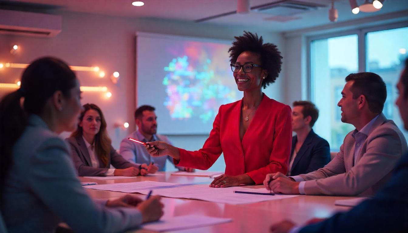 un líder sosteniendo una charla ante su equipo. Tema:Cómo el autoestima influye en el liderazgo laboral