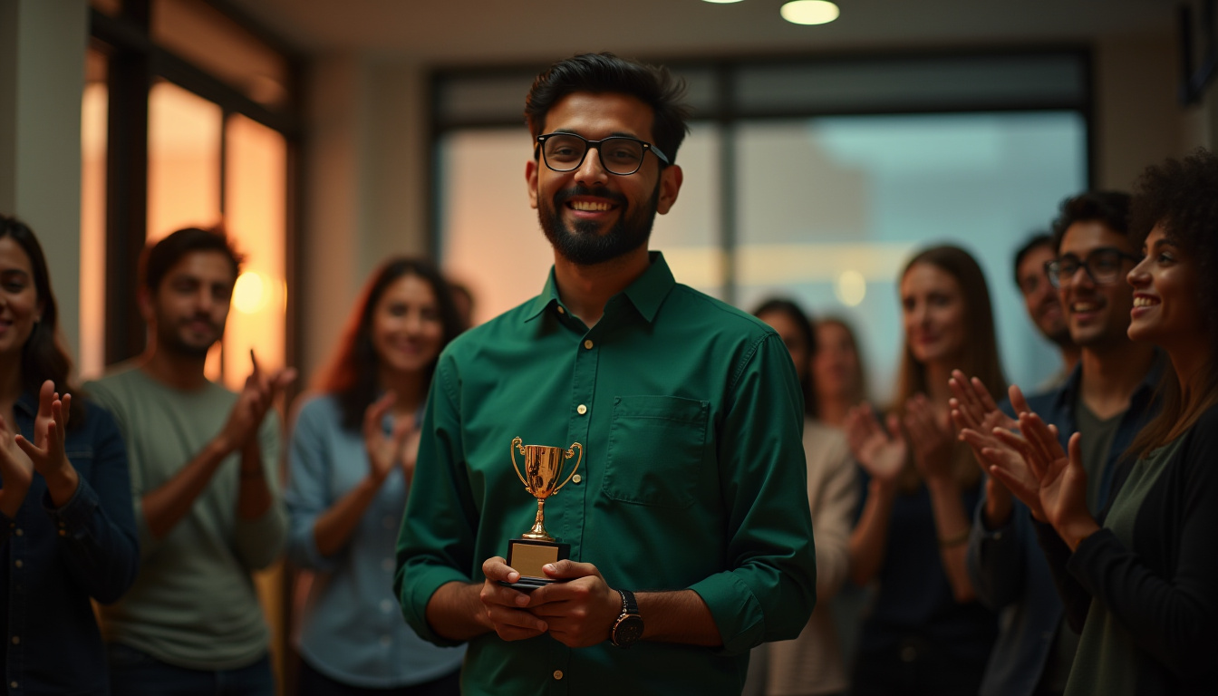 Celebrando al Empleado del mes con un premio visible. Tema:Crea un programa exitoso de "Empleado del mes"