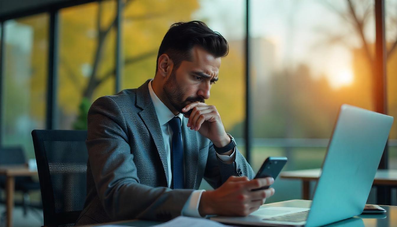 un empresario preocupado leyendo una reseña negativa en su smartphone