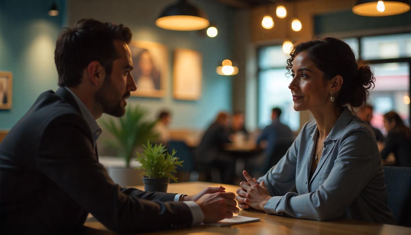 un representante de atención al cliente escuchando a un cliente con expresión de empatía. Tema:¿Cómo manejar las quejas de los clientes? Soluciones prácticas para fidelizar